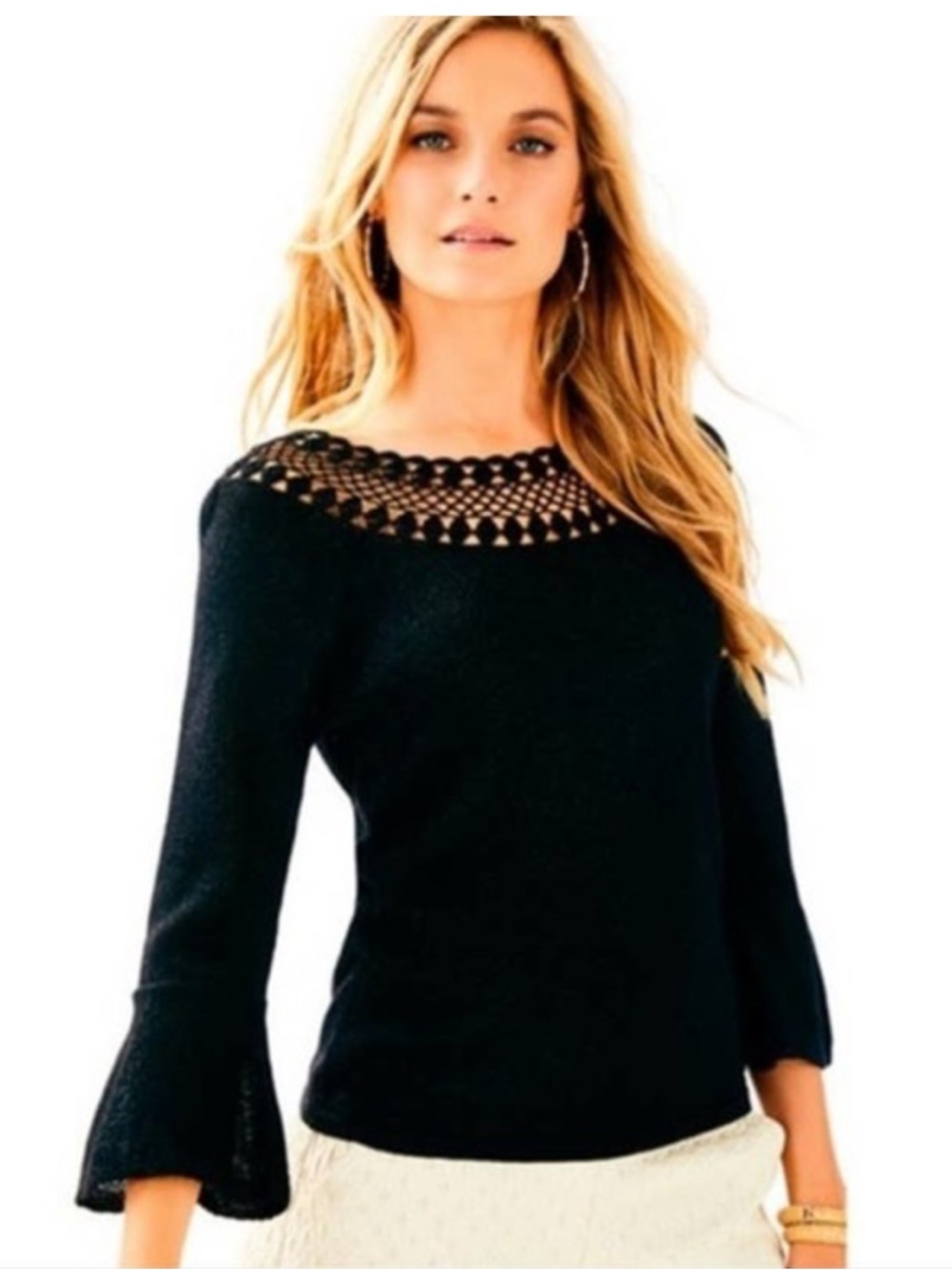 LILLY PULITZER Barrington metallic gold sweater bell sleeve crochet neck sz S